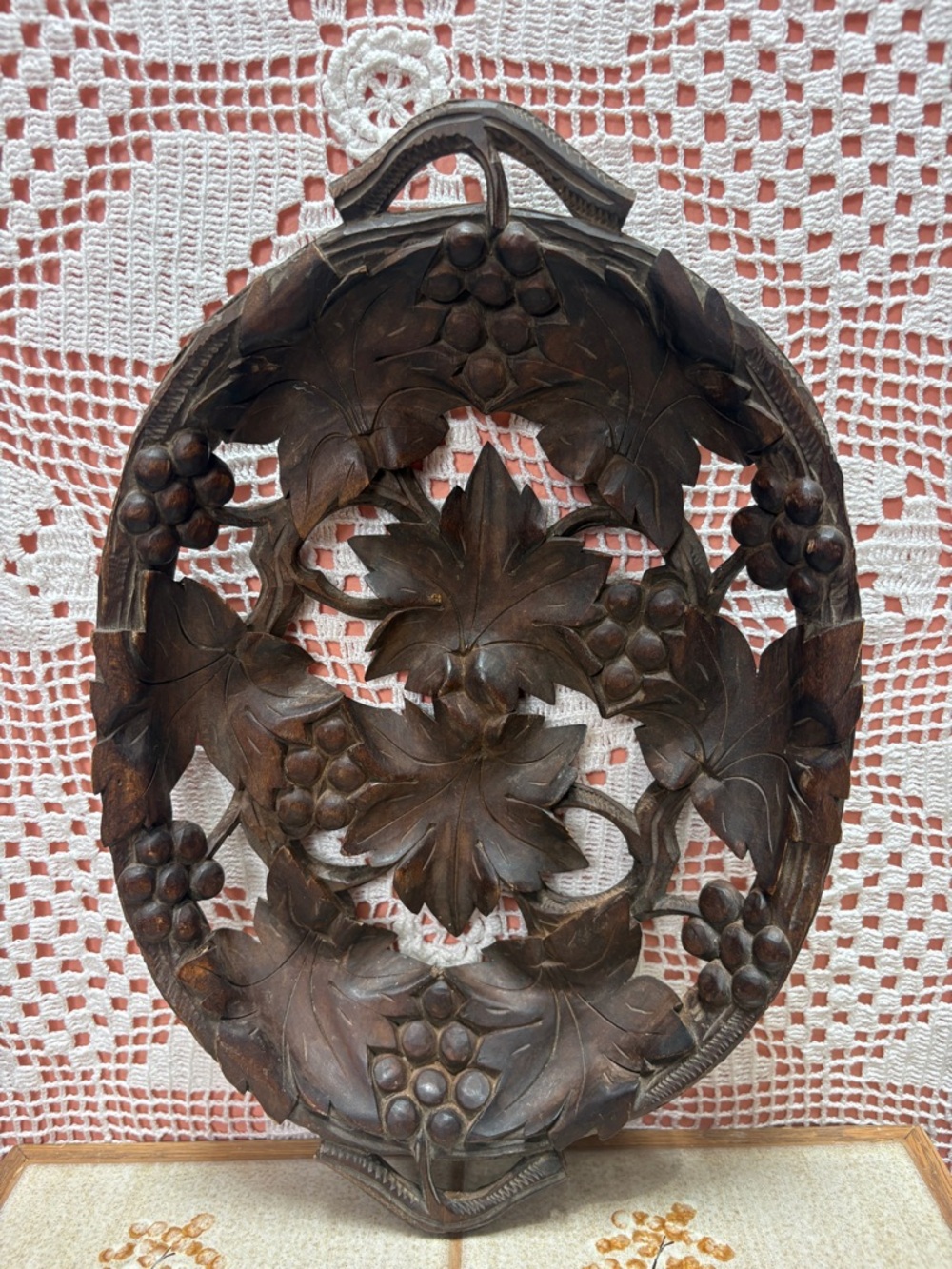 Carved Wood Leaf & Grape Tray | Vintage Boho Decor.